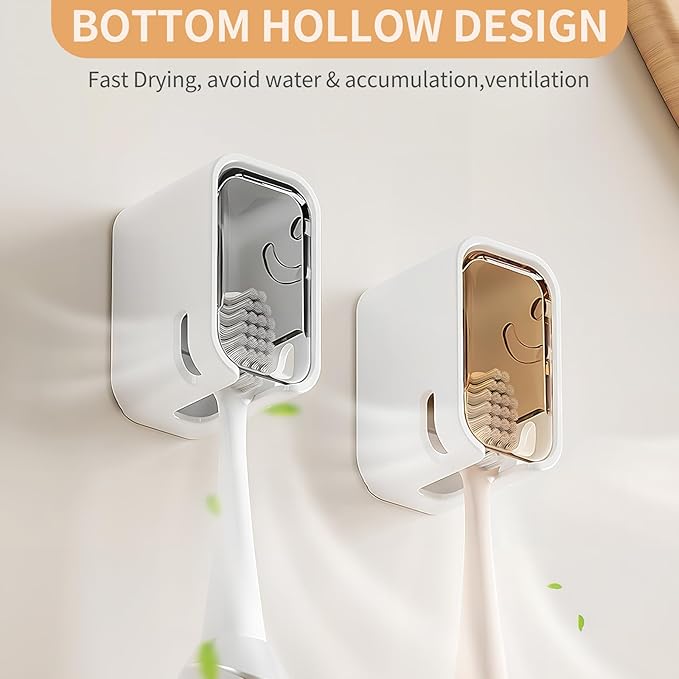 Wall Mounted Toothbrush Holders for Bathroom,Strong Self Adhesive Tooth Brush Holder with Cover, Toothbrush Heads Organizer for Family, 3 Pcs