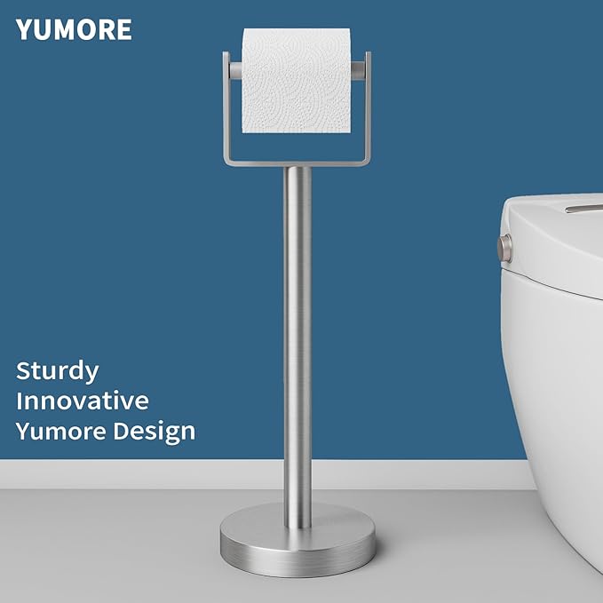 YUMORE Toilet Paper Holder Free Standing, Stainless Steel Toilet Paper Stand, Weighted Base Floor Tissue Roll Holder for Bathroom, Brushed Nickel 200UP