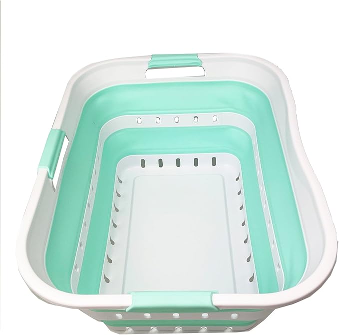 SAMMART 42L (11 gallon) Collapsible Plastic Laundry Basket - Foldable Pop Up Storage Container/Organizer - Space Saving Hamper/Basket (1, White/Light Green)
