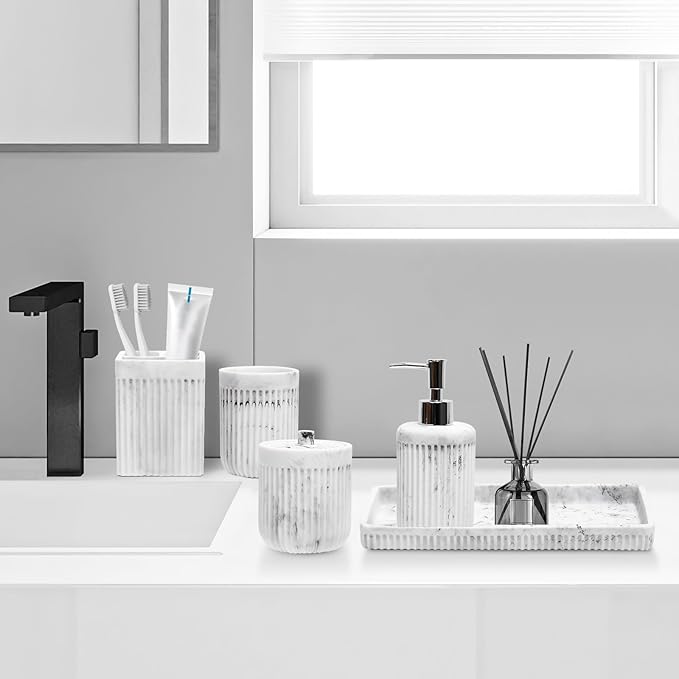Resin White Marble Bathroom Accessories Set 5 Pcs, Lotion Soap Dispenser, Toothbrush Holder, Bathroom Tumbler, Qtip Holder and Vanity Tray, Bathroom Countertop Organizer Set for Home Apartment