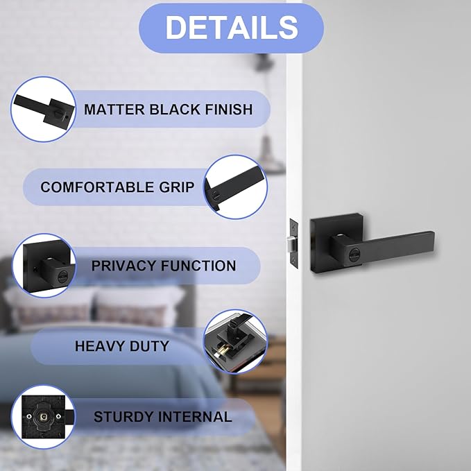 Privacy Interior Door Lever, 2 Pack Heavy Duty Matte Black Door Handles Square Door Knobs for Bedroom & Bathroom Keyless Door Lock Handles for Right & Left Sided Doors