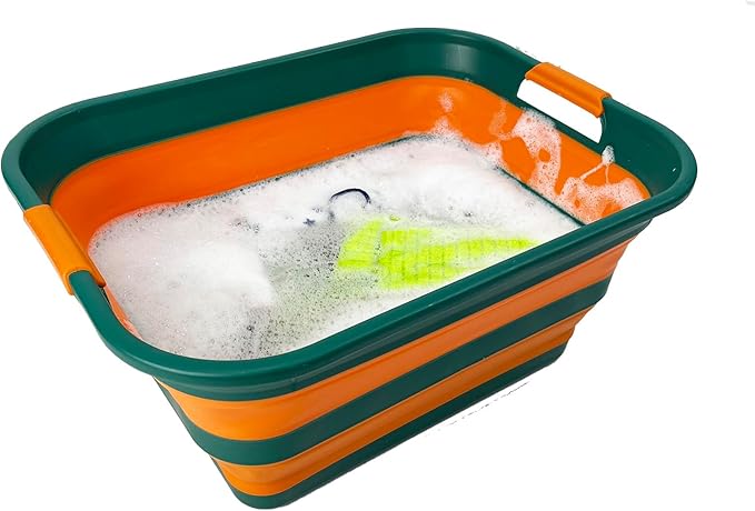 SAMMART Collapsible Plastic Laundry Basket with Handle/Foldable Pop Up Storage Hamper/Portable Laundry Organizer-Space Saving Washing Tub/Household Storage (Teal Green/Autumn leaf, 42L)