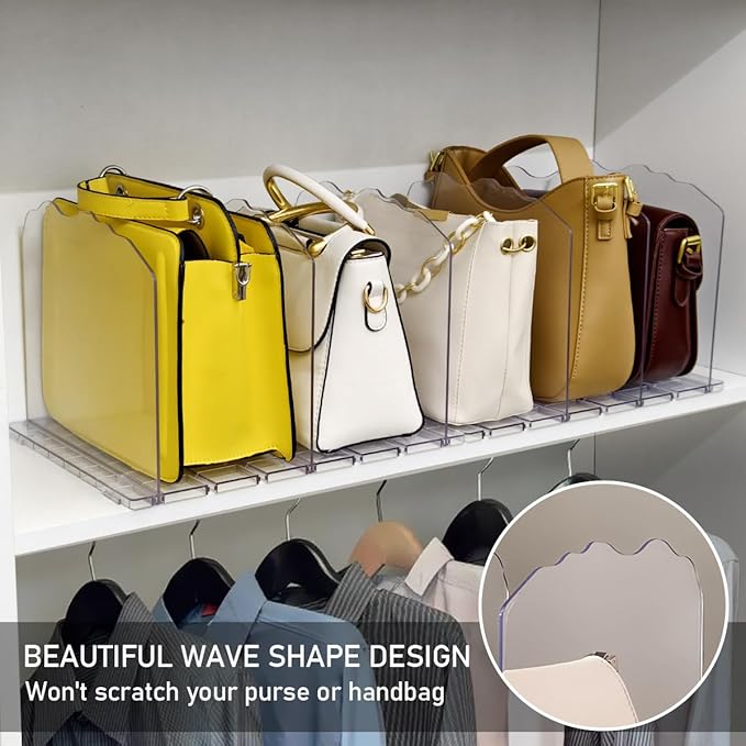 Purse Organizer for Closet Shelf 8 Divider, Adjustable Divider Closet Organizer, Shelf Dividers Storage Organizer for Purse and Handbag Closet Shelves (Clear)