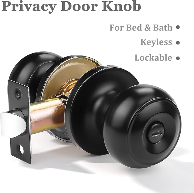 Probrico 6 Pack Round Privacy Door Knob(Thumb Turn Lock on The Inside), Keyless Doorknobs Interior/Exterior Lockset,Privacy Knobs for Bedroom/Bathroom,Black Modern Design Door Hardware