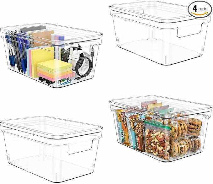 MOONEDGE Clear Plastic Storage Bins with Lids and Handles – Stackable Organizer Containers for refrigerator, Kitchen, Pantry, Bathroom, Closet, Laundry Room, Office – 4 Pack (10×6×5 in)