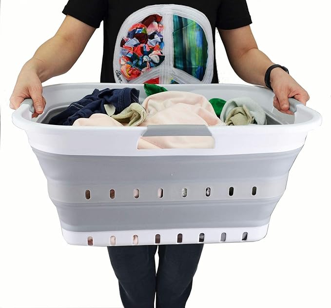 SAMMART 42L (11 gallon) Collapsible Plastic Laundry Basket - Foldable Pop Up Storage Container/Organizer - Portable Basket - Space Saving Hamper/Basket (2, White/Grey)