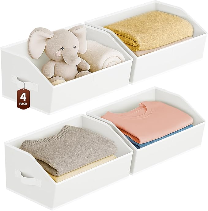 Large Closet Organizers and Storage Bins - 4 Pack Trapezoid Storage Baskets for Shelves, Foldable Fabric Baskets with Handles Ideal for Closet, Basket, Wardrobe and Shelf Storage, White