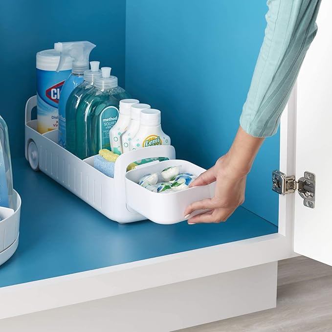 YouCopia RollOut Caddy Rolling Storage Bin with 2 Adjustable Dividers and Removable Basket for Kitchen and Bathroom Under Sink Organization, 5" Wide