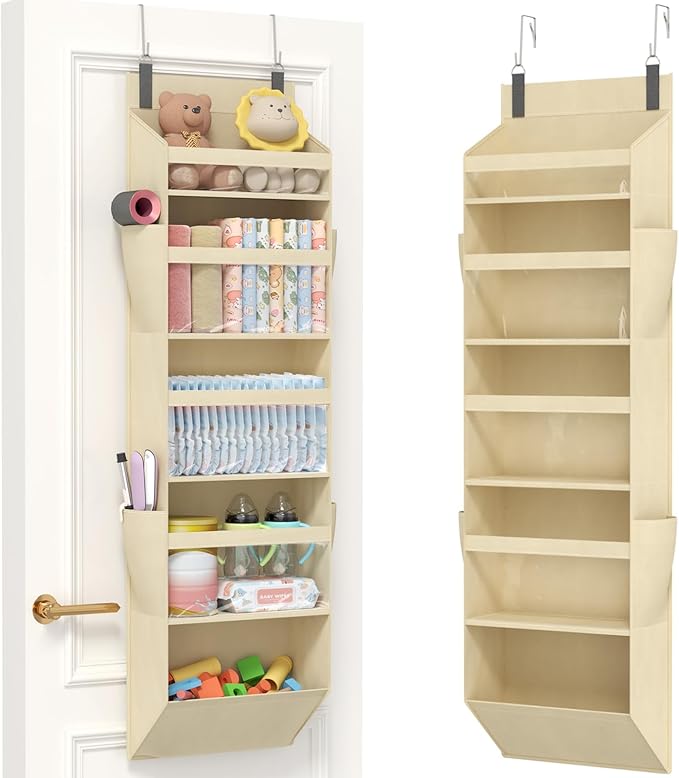 Lifewit 1 Pack Over the Door Organizer, Clear Window Hanging Storage with 4 Mesh Side Pockets, Anti Tilt 40 lbs Load Behind Door for Pantry, Nursery, Bathroom, Bedroom, Dorm, 5 Section, Beige