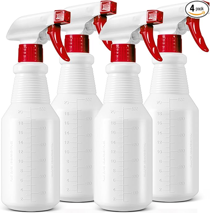 Plastic Spray Bottles 4 Pack, 24 Oz, Mist & Stream, Heavy Duty HDPE Sprayer Bottle, Leak Proof Empty Spraying Water Bottle for Cleaning Solutions, Planting, Car Detail, Pet Training with Measurement