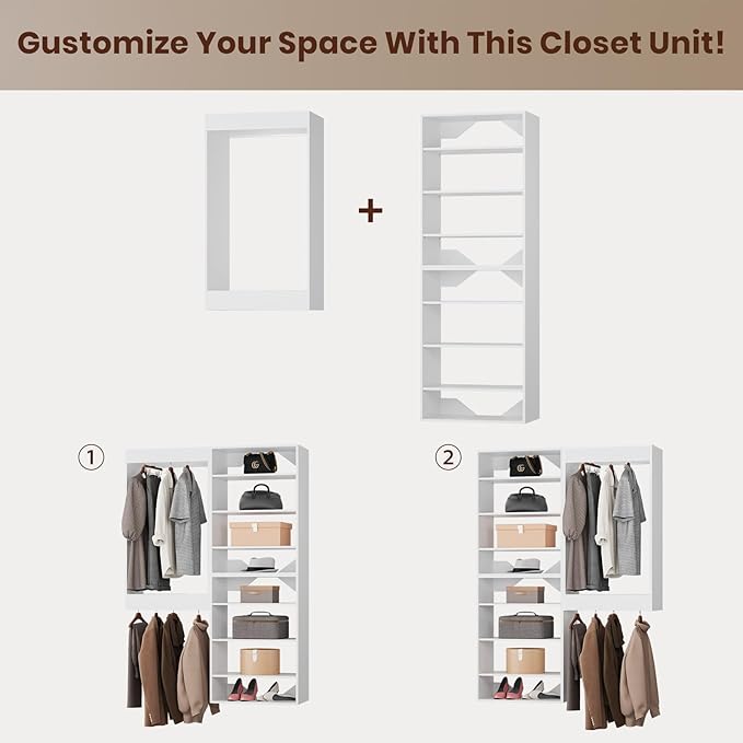 ROOMTEC Modular Closet System, 61" Wall-Mounted Closet Organizer with Hanging Rods and Shelves, Wooden Tower for Walk-In Closets, Wardrobe Storage Kit, White