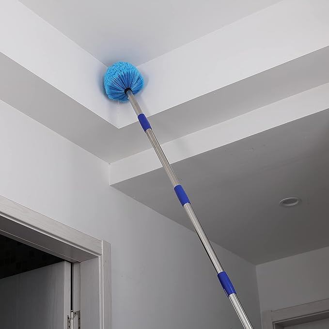 Duster, Cobweb Duster with Extension Pole, Medium Stiff Bristles Cobweb Duster Head & 6-Feet Stainless Steel Pole Ceiling Fan Duster for Outdoor Indoor Cleaning
