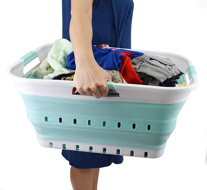 SAMMART 42L (11 gallon) Collapsible Plastic Laundry Basket - Foldable Pop Up Storage Container/Organizer - Portable Basket - Space Saving Hamper/Basket (2, White/Lake Green)