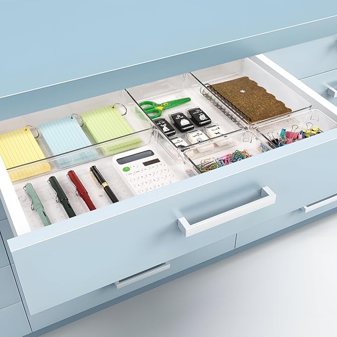 6 PCS Large Drawer Organizer, 3Sizes Plastic Versatile Desk Drawer Organizer Trays with Non-Slip Silicone Pads, Storage Bins for Makeup, Office, Kitchen Gadgets Utensils, Bedroom, Tools, Bathroom