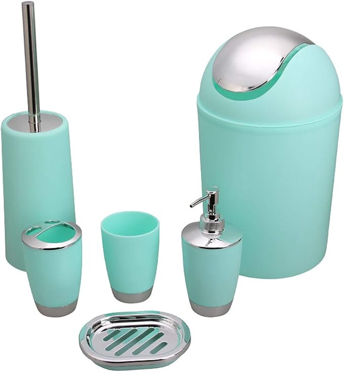 Bathroom Accessories Set, 6-Piece Plastic Gift Set, Toothbrush Holder, Toothbrush Cup, Soap Dispenser, Soap Dish, Toilet Brush Holder, Trash Can (Mint Green)