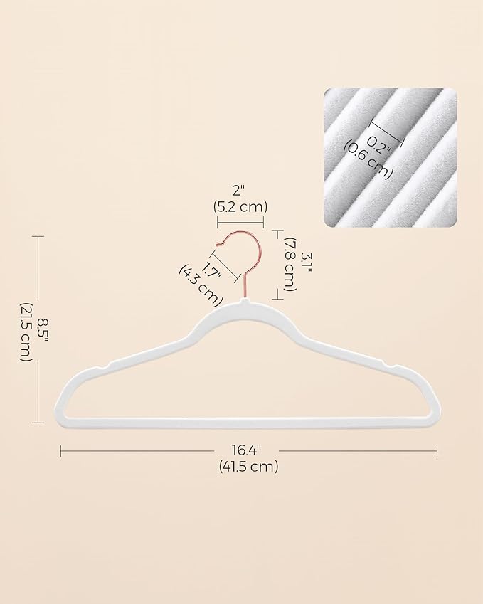SONGMICS Slim Velvet Hangers, Non-Slip Clothes Hangers with Rose Gold Swivel Hooks, Space-Saving, for Closet, 100 Pack, White UCRF026W100
