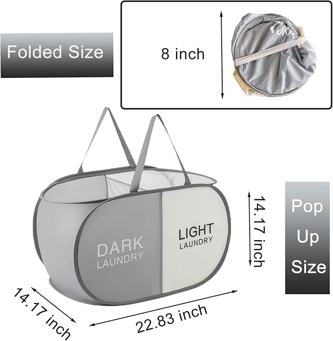 Collapsible Pop Up Laundry Hamper 2 Section, Folding Cloth Hamper Sorter Basket Organizer for Bedroom, Laundry Room, Dorm