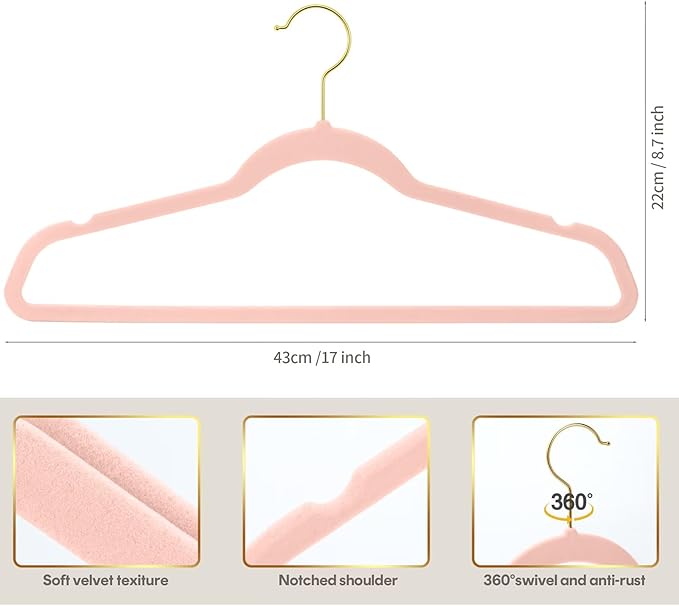 36-Pack Premium Velvet Hangers with Gold Hooks - Space-Saving Non-Slip Heavy-Duty Clothes Hangers for Coats, Suits, Dresses, and Sweaters - Slim Design, Closet Organizer(Blush Pink+Gold)