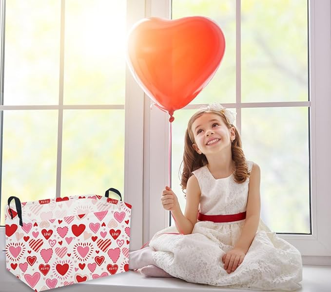 Sanjiaofeng Rectangular Valentine's Day Basket Love Storage Bins,Girls Storage Basket with Handles.Clothers,Books,Kid's Gifts Bins. (Pink Line Love)