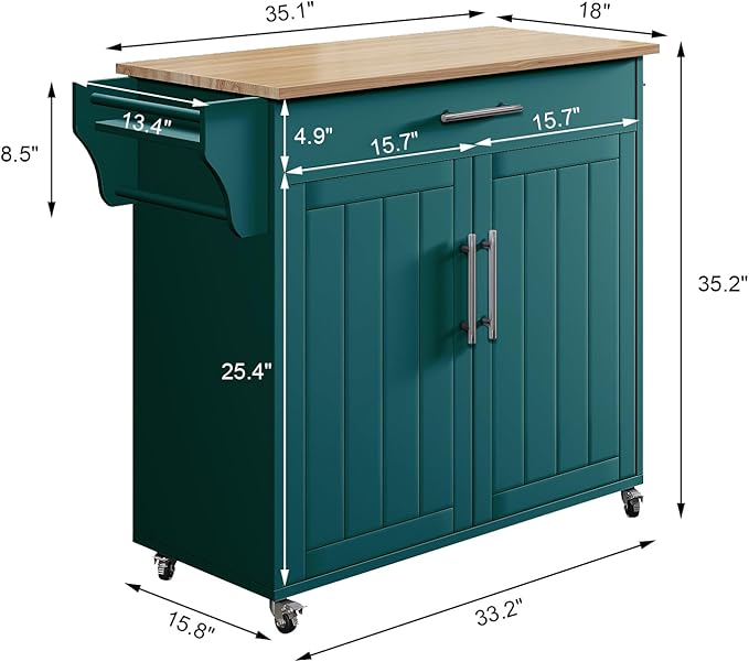 Kitchen Storage Island, Wooden Rolling Kitchen Island On Wheels with Countertop, Mobile Kitchen Island Cart with Towel Rack, Spice Rack and Drawers, Green