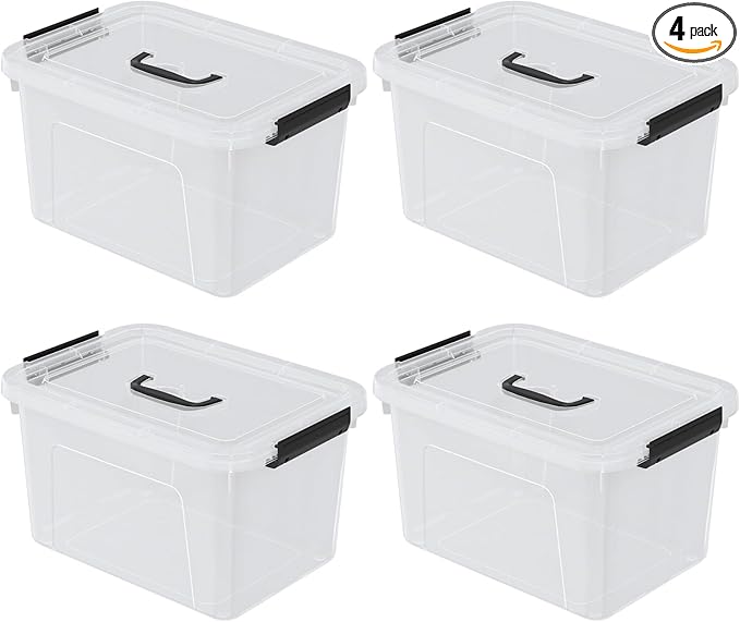 Drephia 10.5 Quart Clear Plastic Storage Box/Container with Handle, Plastic Storage Bin with Lid, 4 Packs