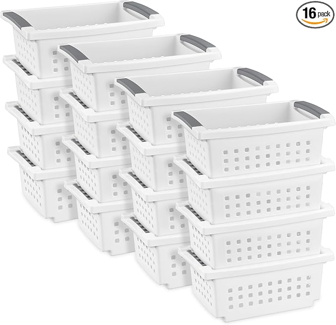 Sterilite 16608008 Small Stacking Basket with Vertical Stacking Functionality and Titanium Accents for Organization in Home or Office, White (16 Pack)