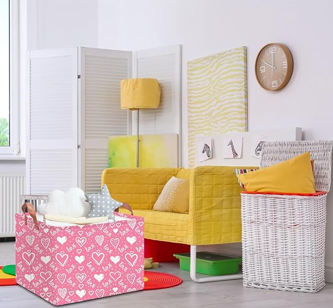 Rectangular Storage Basket Empty,Collapsible Gift Basket with Handles,Heart Print Basket, Books Box,Room Decor(Lovely Heart)
