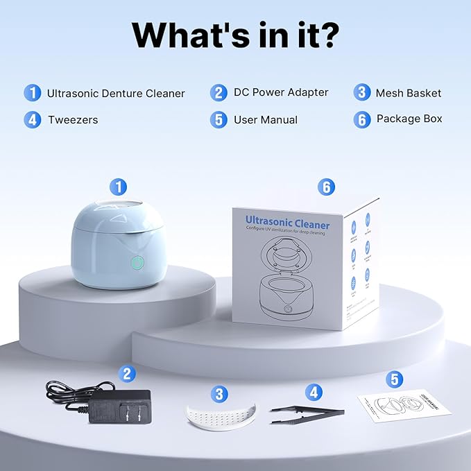 Ultrasonic Retainer Cleaner - UV Dental Cleaning Pod Night Guard Cleaner for Dentures, Aligner, Braces, Toothbrush Heads, Jewelry (Blue)