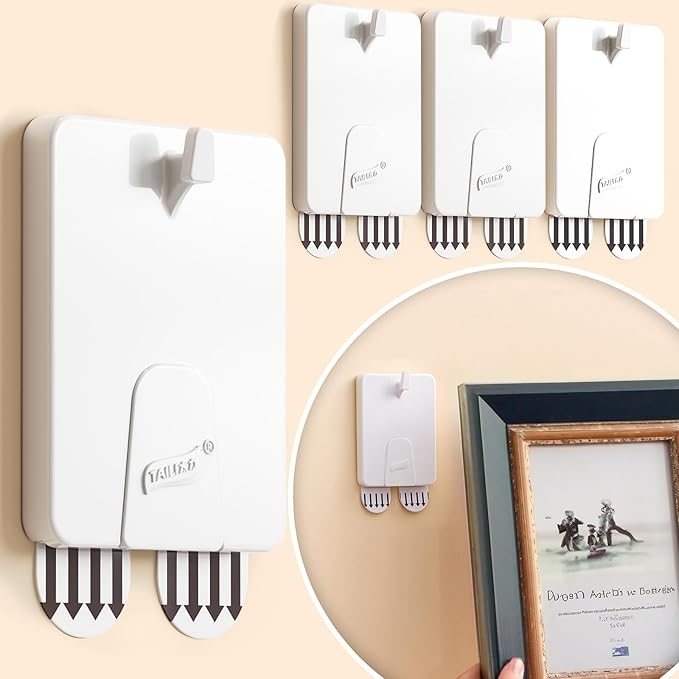 TAILI Picture Hangers 4 Pack(10 Strips), Adhesive Picture Hanging Hooks Without Nails, No Damage Sawtooth Hangers, Art Hanger Hooks for Bathroom Kitchen Home Door Closet, White
