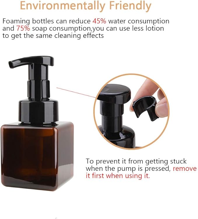 UUJOLY Foaming Soap Dispenser, 250ml (9oz) Refillable Pump Bottle for Liquid Soap, Shampoo, Body Wash (2 Pcs) (Small Amber)