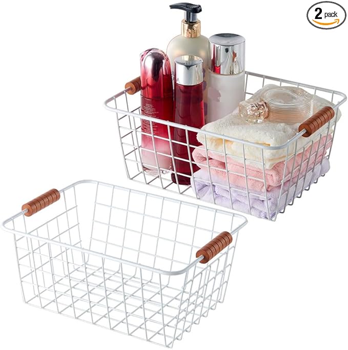 Wire Kitchen Storage Basket 2 Packs,Perfect Pantry Organization Accessories Baskets,Laundry Basket,With a Wooden Handle,Suitable for Kitchen,Bathroom,Bedroom,Tabletop,Stackable,White
