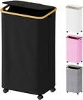SUOCO Laundry Hamper on Wheels 100L, Clothes Basket with Lid and Bamboo Handles, Foldable Laundry Hamper for Bedroom, Bathroom, Dorm, Laundry Room - Black