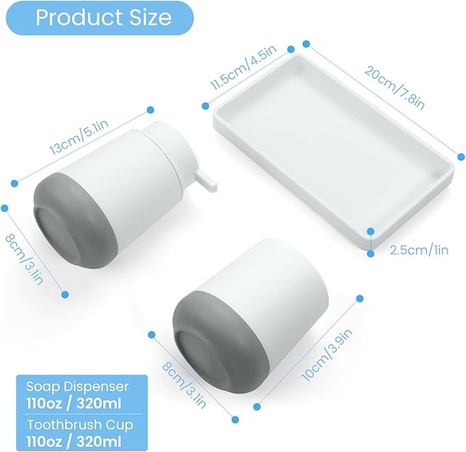 White Bathroom Countertop Accessories Set - Soap Dispenser and Toothbrush Holder with Silicone Boot,Vanity Tray (White Liquid)