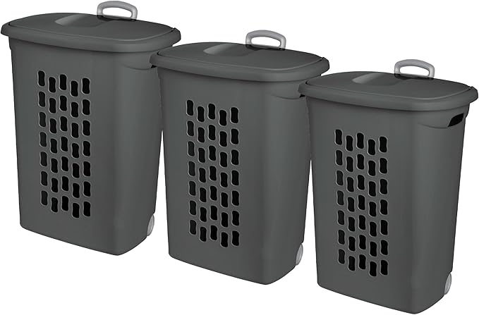 Sterilite 3-Pack Ultra Wheeled Hamper, Plastic Rolling Laundry Basket, Flat Gray - Portable Clothes Carrier with Flip-Top Lid and Retractable Handle for Home, Apartment, and Dorm