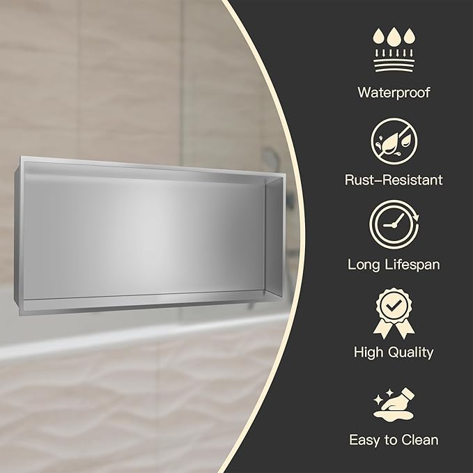 BATHFINESSE Shower Niche No Tile Needed 24 x 12, Niche for Shower Wall, Insert Tile Ready Recessed, Over Mount Installation, Brushed Nickel