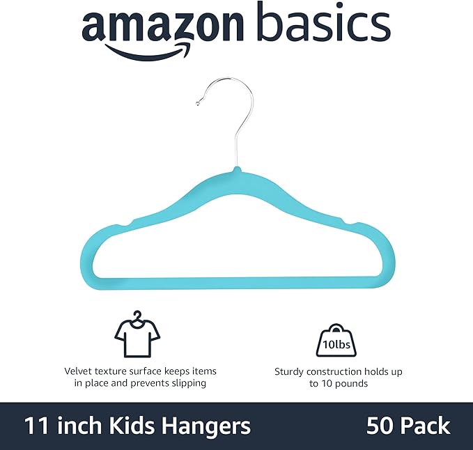Amazon Basics Kids Velvet, Non-Slip Clothes Hangers for Infant and Toddler, 11.6 inches (for Baby Clothes), 50 Count, Blue (Pack of 4)
