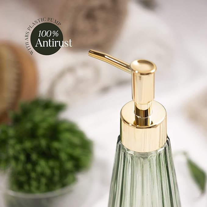 EMPO Vintage Elegant Glass Soap Dispenser, Liquid Soap/Sanitizer/Shampoo Bottle with Pump, Rustic Farmhouse Decor Crystal Hand Soap Dispenser for Kitchen Sink, Bathroom Accessories (Sage Green)