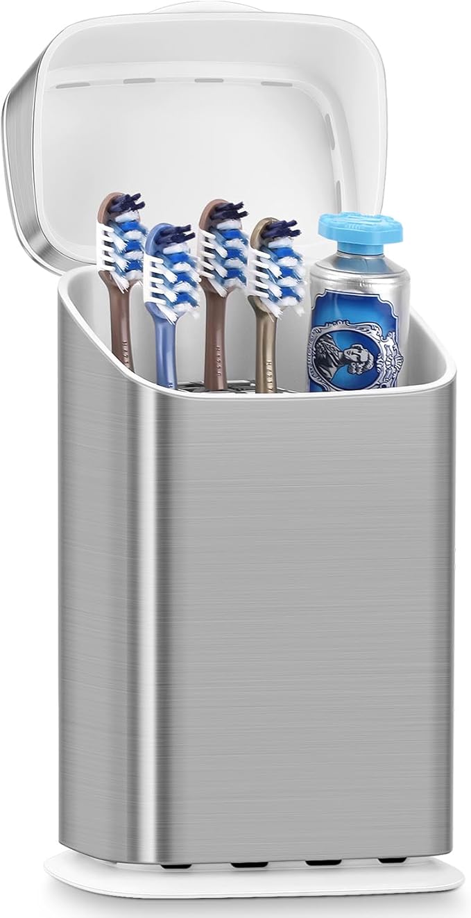 GFWARE Toothbrush Holders with Cover - 5 Slots Tooth Brush Holder for Bathroom, Detachable Bathroom Counter Organizer with Drainage Kids Toothbrush and Toothpaste Holde, Silver