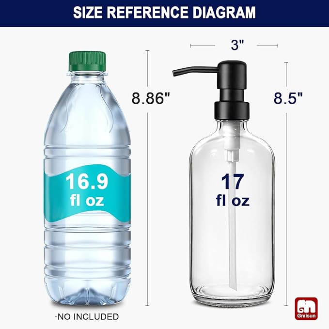 GMISUN Glass Soap Dispenser with Pump, 2 Pack Clear Bathroom Hand Soap Dispenser with Stainless Steel Pump, 16 Oz Refillable Kitchen Hand and Dish Soap Dispensers Set, Modern Liquid Pump Bottles