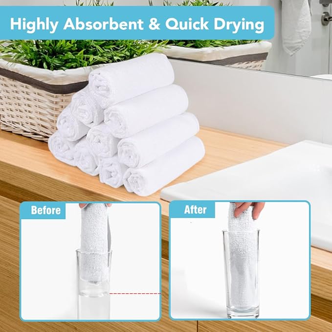 Orighty Washcloths Towels Set 10 Pack, Highly Absorbent and Soft Feel Microfiber Face Cloths, Multi-Purpose Wash Cloths & Hand Towels for Bathroom, Hotel, Spa, and Gym, 11.5x11.5 Inch, White