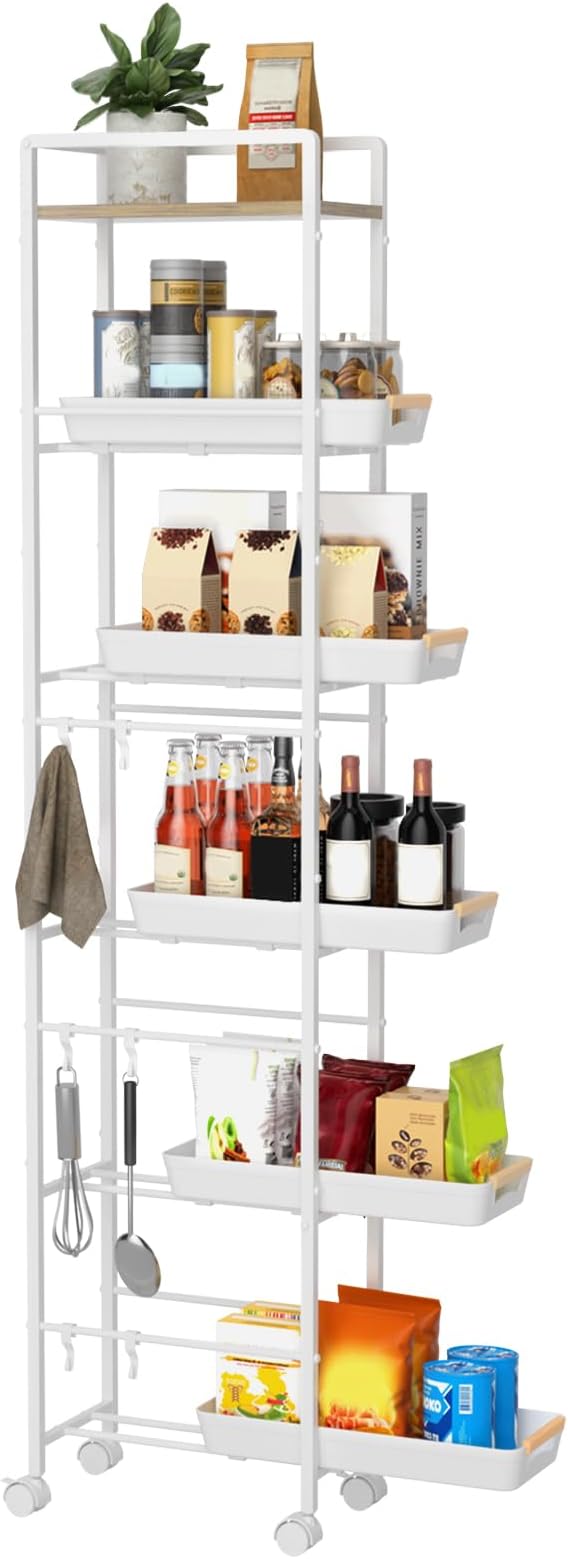 6 Tier Slim Storage Cart with Pull-Out Baskets Rolling Cart with Wheels Wood Top Narrow Utility Cart Metal Shelving Units for Pantry Laundry Room Bathroom Kitchen White 8in(W)
