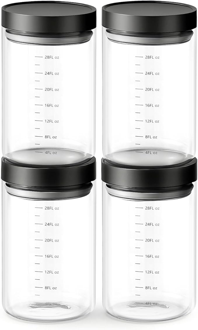 Danbark Set of 4 30oz Airtight Glass Storage Canisters with Lids - Pantry Organizers and Storage Glass for Kitchen - for Pantry, Flour, Sugar, Coffee, Tea, Pasta, Rice, and Snacks - Black