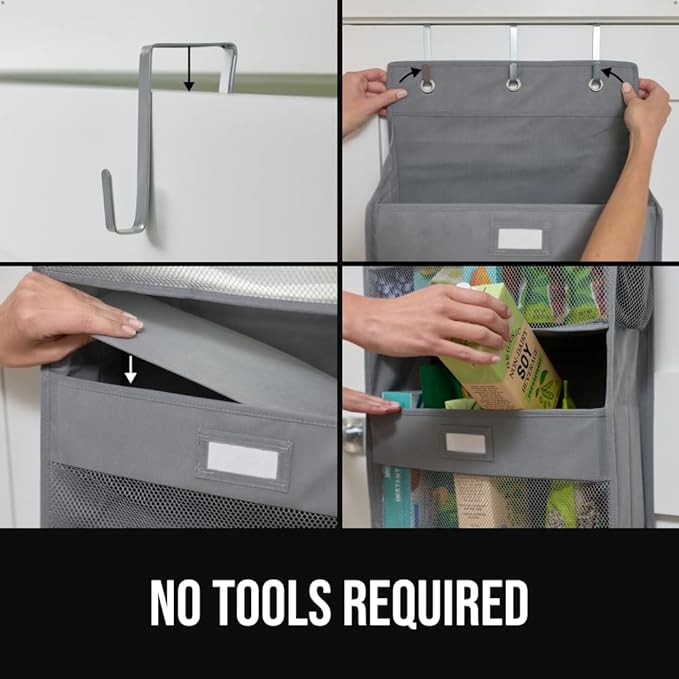 GORILLA GRIP Over The Door Organizer Storage, 5 Deep Hanging Shelves, Holds 50lbs, Closet Organizers Shelf for Bedroom, Shoes, Bathroom, Nursery, Dorm Essentials, 3 Metal Hooks, 58x15 Inches, Gray