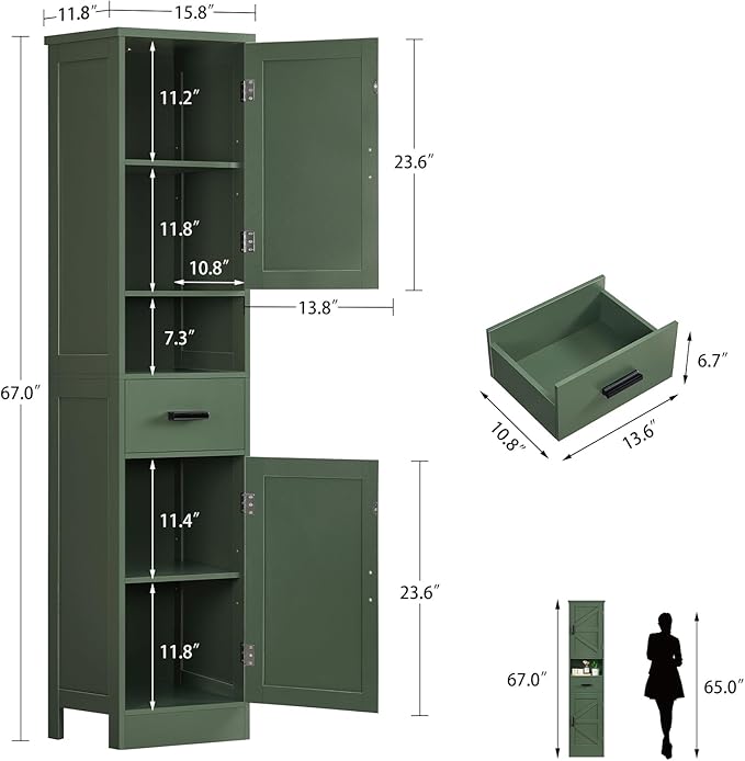 TEENFON 67" H Tall Bathroom Storage Cabinet with Barn Doors and Drawer, Narrow Bathroom Cabinet, Narrow Storage Unit, Adjustable Shelves, Floor Cabinets for Living Room, Forest Green UNSNG091V