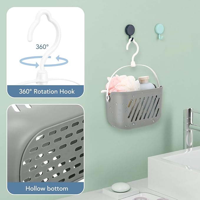 Plastic Hanging Shower Basket, 8.26 x 5.51 x 5.11 Inch, Portable Kitchen Organizer with Hook, Storage Basket for Garlic, Ginger, and Small Items