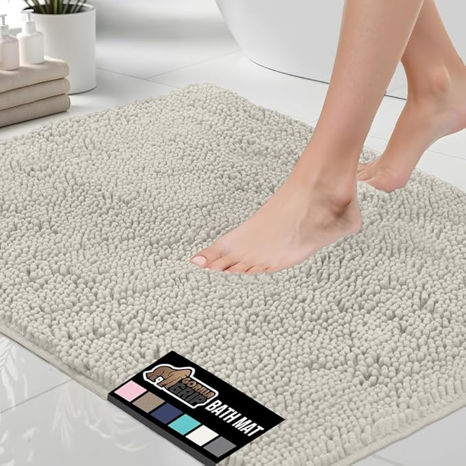 GORILLA GRIP Bath Rug Mat 30x20, Thick Soft Absorbent Chenille, Quick Dry Microfiber Mats, Rubber Backing Washable Shower Floor Rugs, US Designed Bathroom Bathmat Home Decor Accessories, Dusty Cloud
