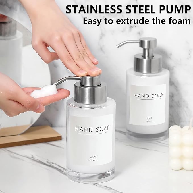 Foaming Soap Dispenser Set, 12 Oz Glass Hand Soap Dispenser with 304 Rust Proof Stainless Steel Pump, Waterproof Labels, for Bathroom Decor Kitchen College Dorm, Clear Silver Pump 2 Pack