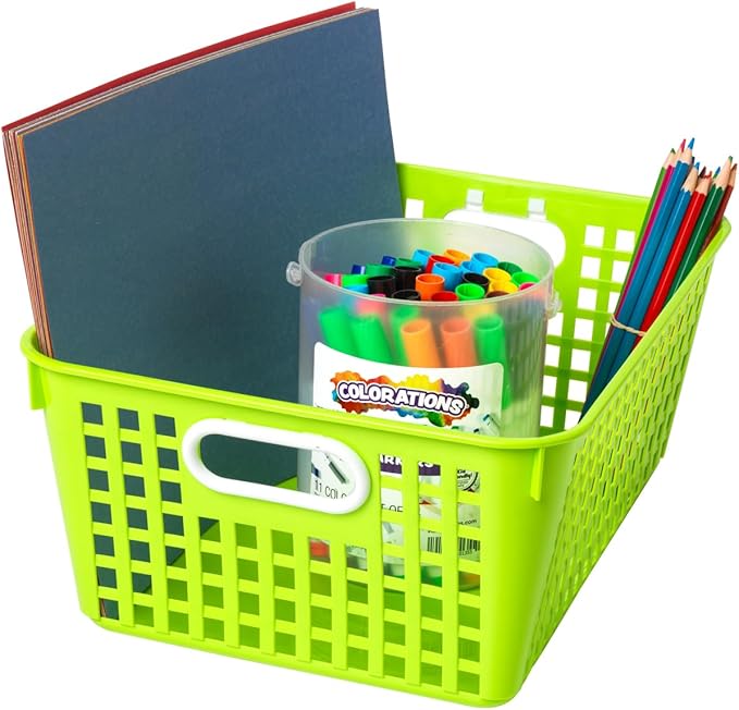 Really Good Stuff Large Plastic Storage Baskets with Handles, 13.75" x 9.75" x 5", Neon Group Colors, for Books & Supplies, Organize Classroom & Home