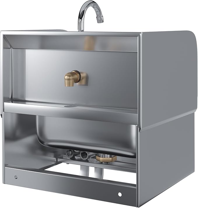 Stainless Steel Wall-Mounted Hand Sink with Hands-Free Double Knee Valves, Faucet, and Side Splash Guards, 17 in x 15 in