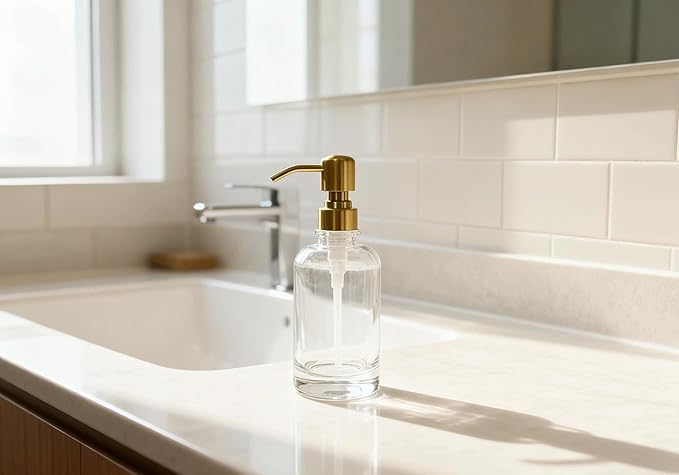 Bathroom Soap Dispenser Brushed Gold, 11 oz Glass Cylindrical Bottles with Stainless Steel Pump Liquid Hand Soap Dispenser Kitchen
